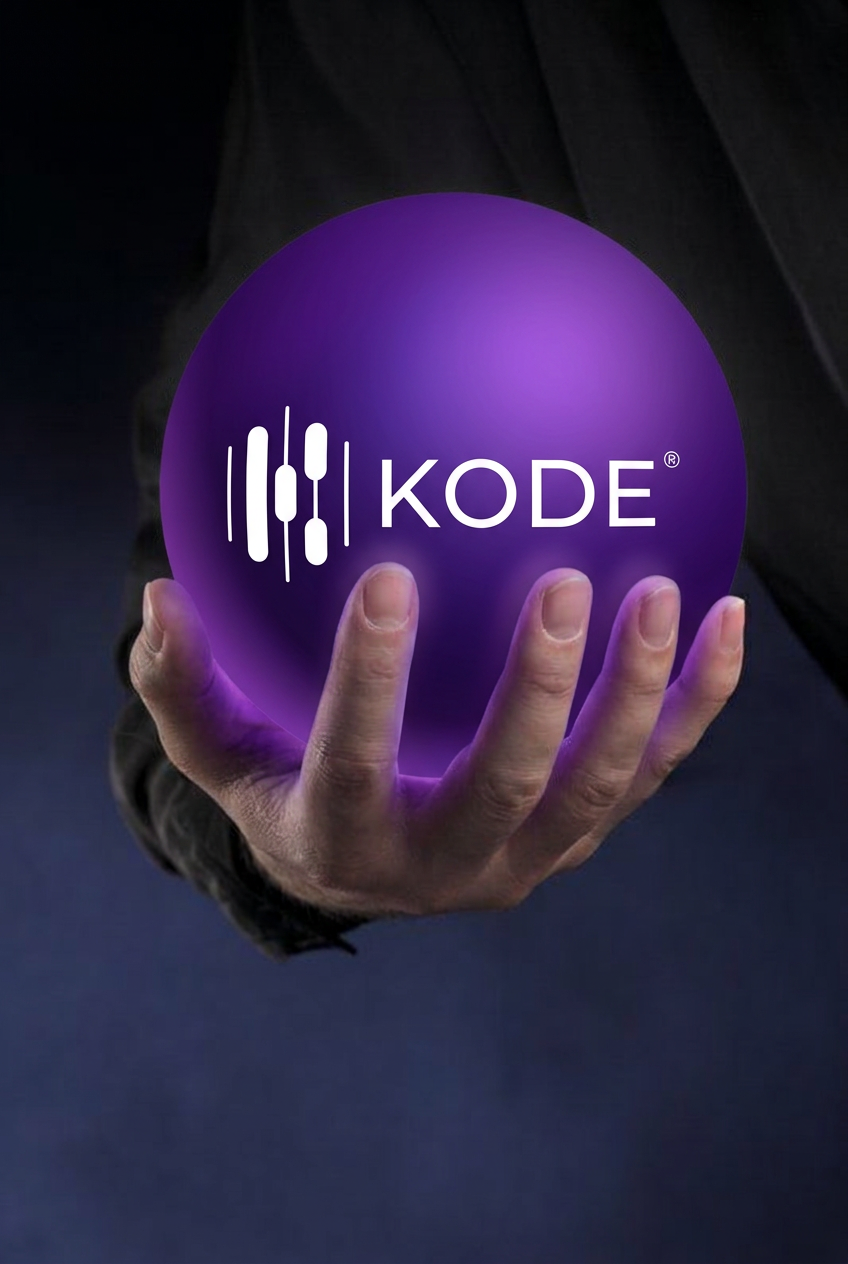 Hand hält eine leuchtende violette Kugel mit KODE® Logo