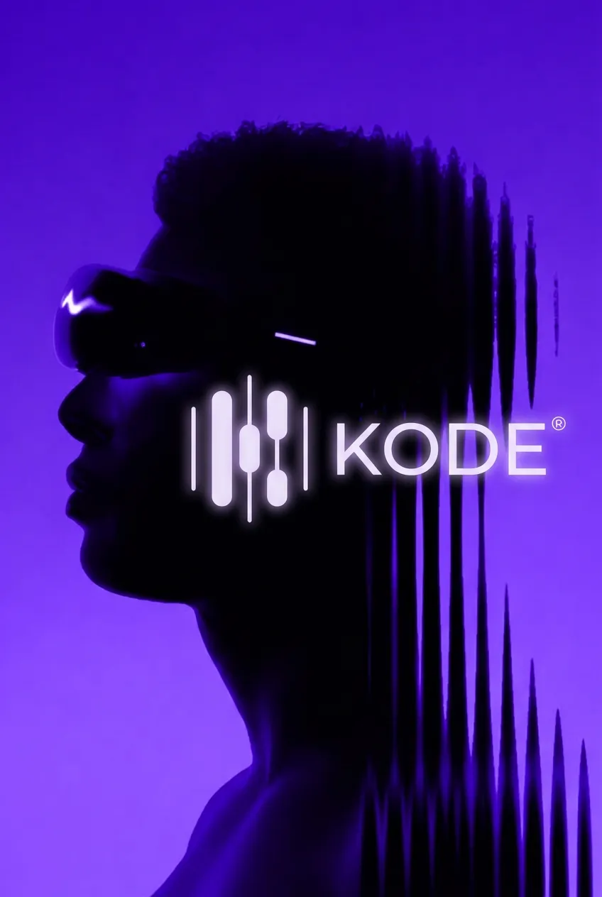 Profil eines Kopfes mit VR-Brille vor violettem Hintergrund, digital verzerrt, mit KODE® Logo